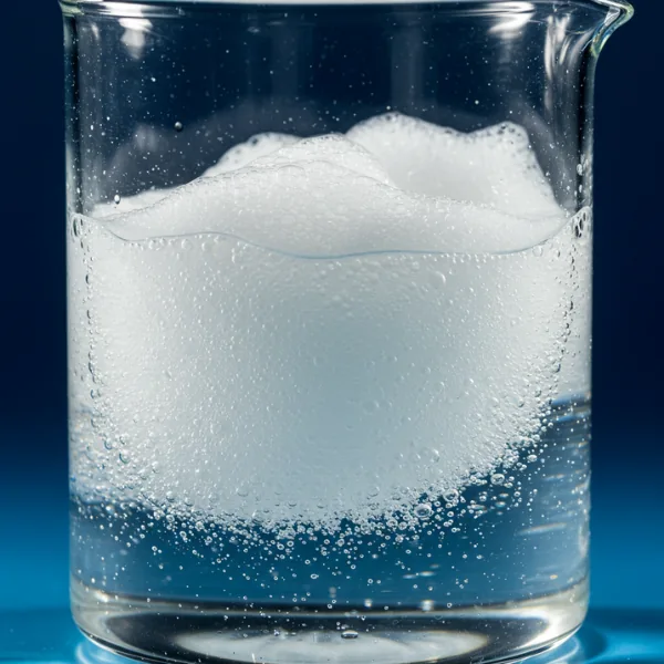 A beaker of water showing foamy PFAS contamination on the surface