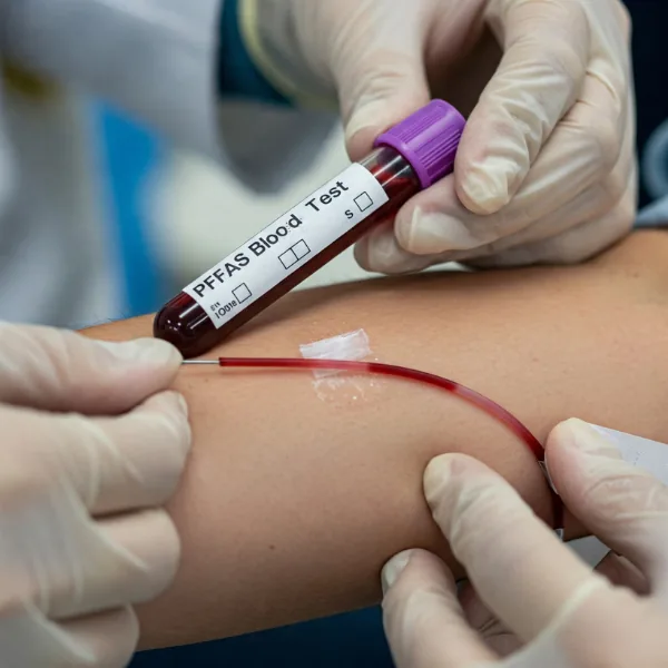 A blood test sample showing PFAS bioaccumulation results