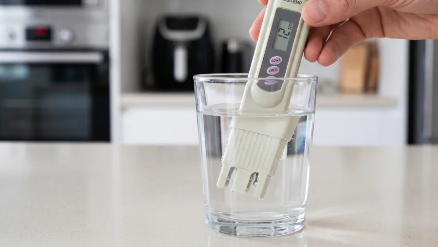A handheld TDS meter reading 12 ppm submerged in a glass of filtered water