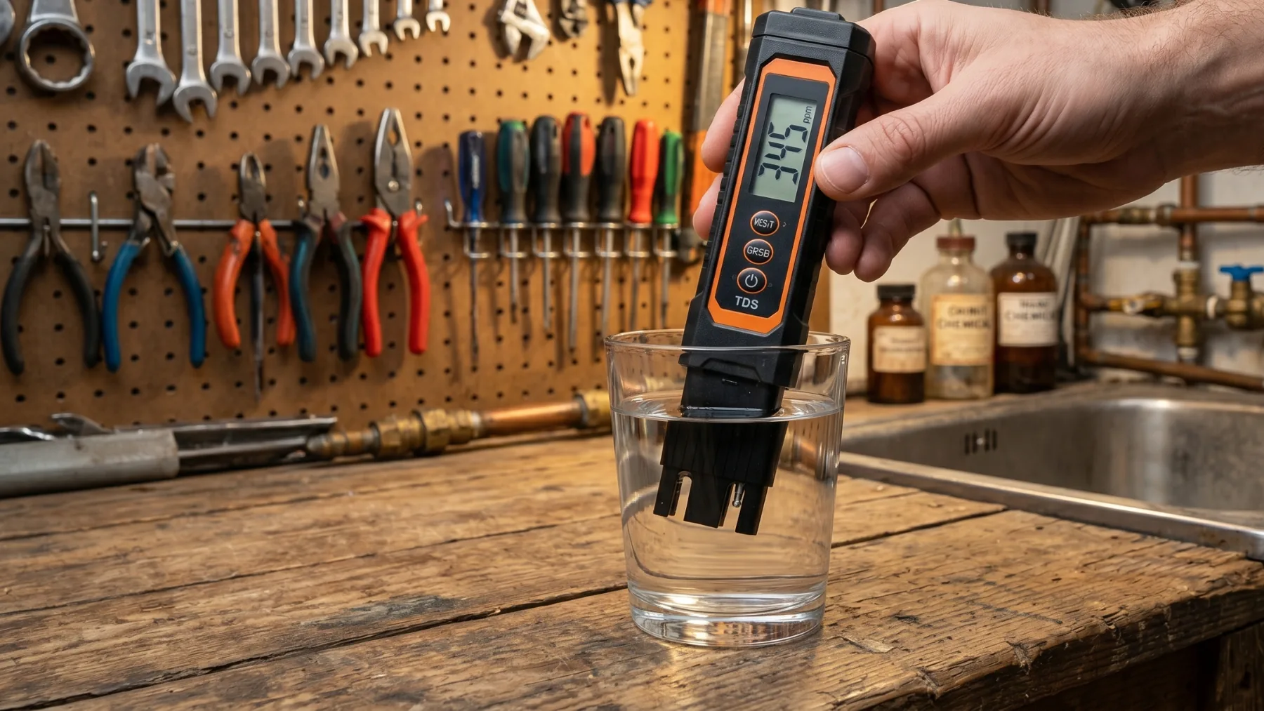 A handheld TDS meter measuring the dissolved-solids reading of a glass of tap water