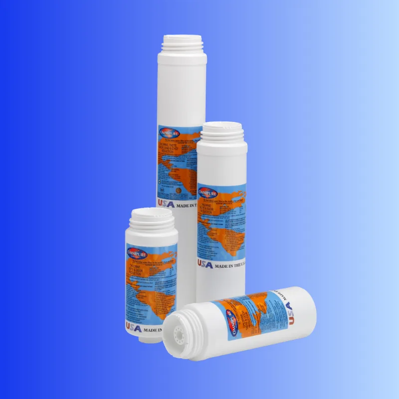 Lineup of replacement filter cartridges — sediment, carbon block, and RO membrane