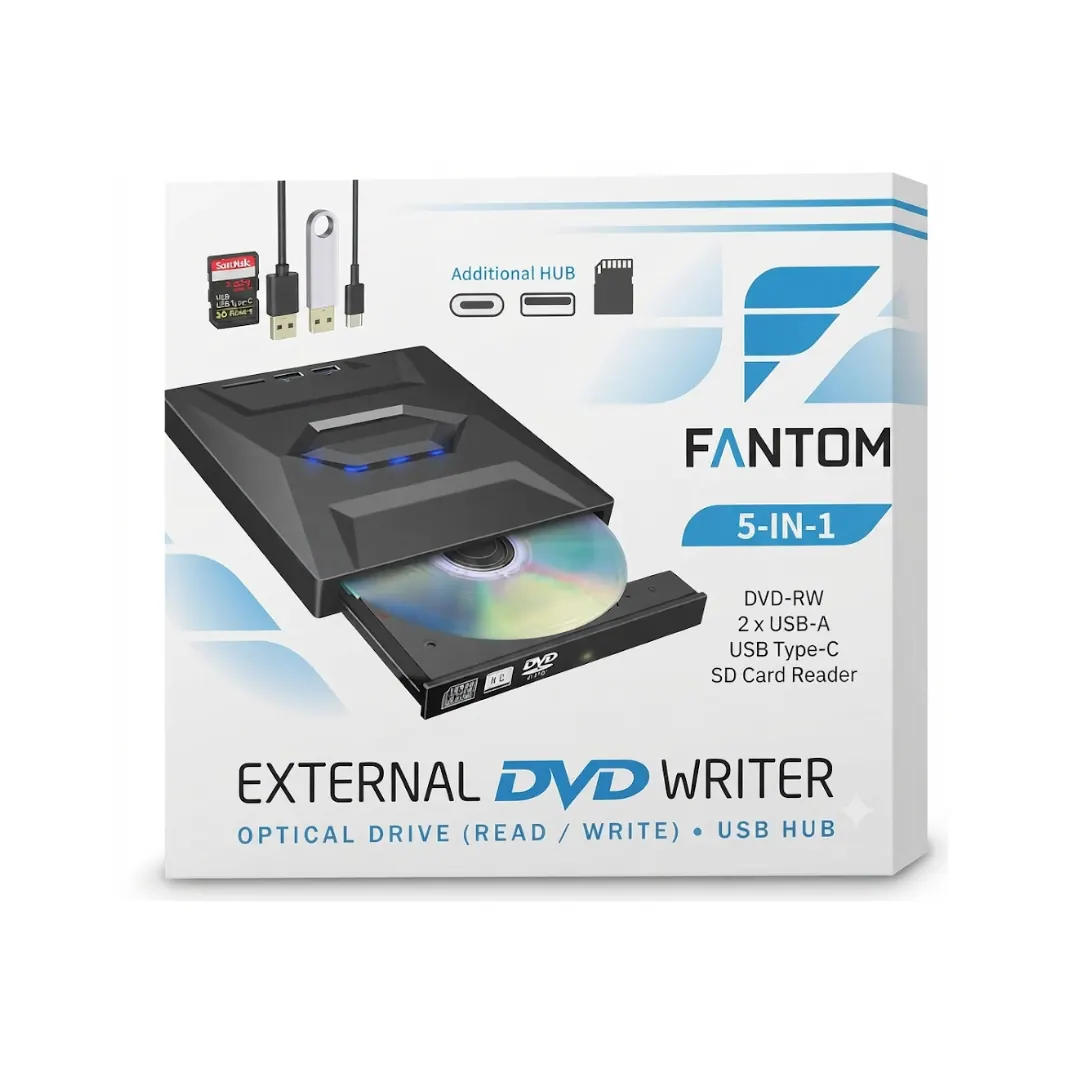 Fantom 5-in-1 External USB 2.0 Type-C DVD-RW Writer with 2×USB-A Hub & SD Card Reader