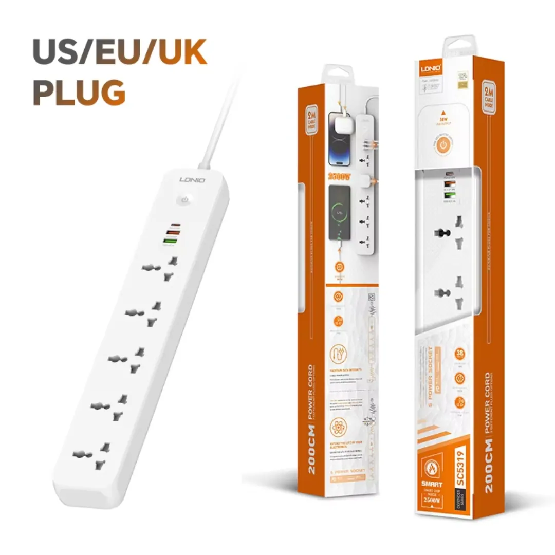 LDNIO SC5319 Multi Socket Extension Lead 5 AC Outlets 3 USB Ports 2M 38W - White