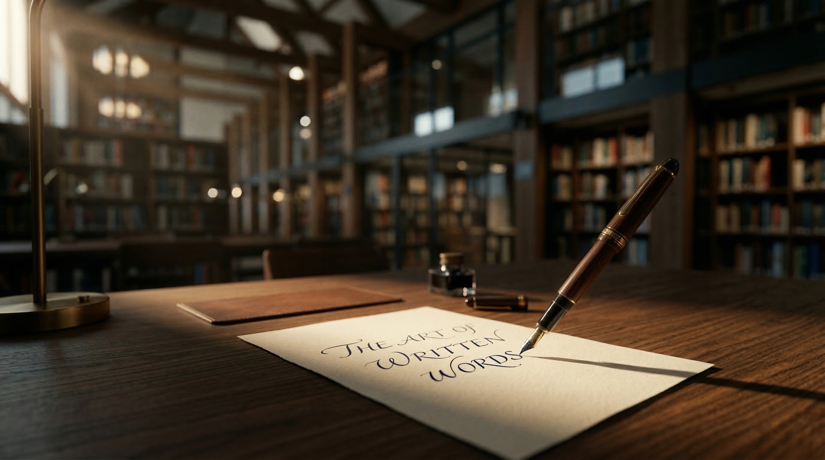 안개가 낀 듯 차분한 분위기의 서재. 고전적인 깃펜, 타자기, 구식 전구가 놓여있고 글의 미로를 탐험하는 듯한 감성적인 공간.