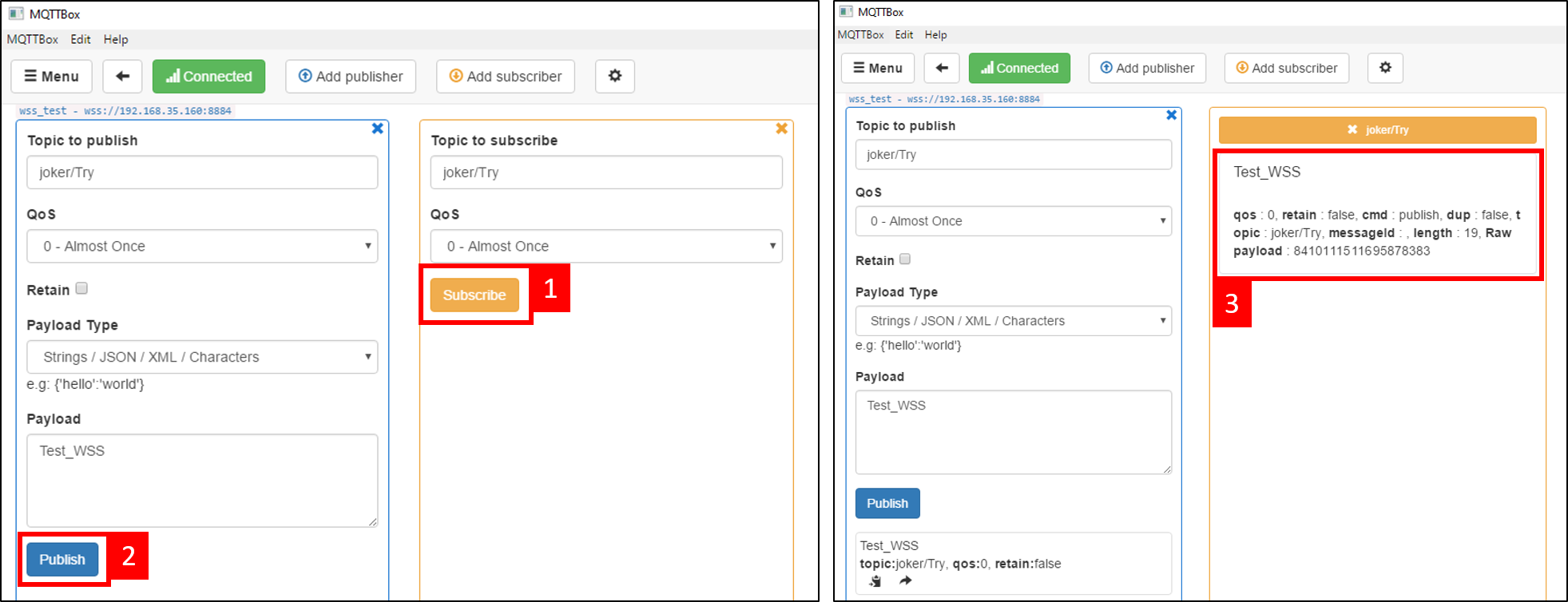 WSS MQTT 訂閱與發佈測試