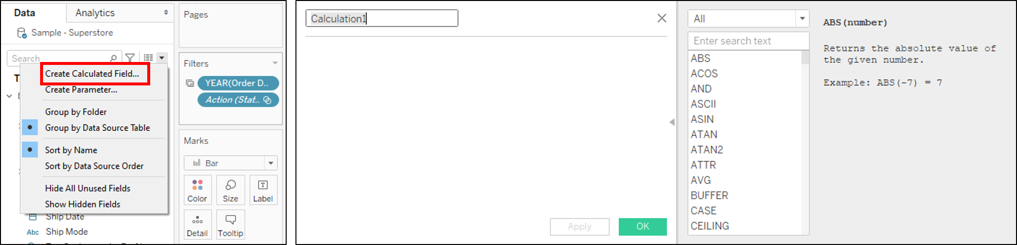 Create Calculated Field (左) & 編輯視窗 (右)
