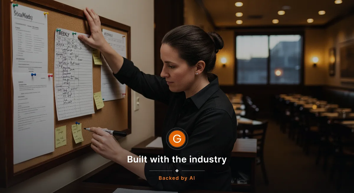 AI-generated image: An environmental portrait of a restaurant manager alone at the host stand before service, reviewing a handwritten weekly schedule pinned to a corkboard.