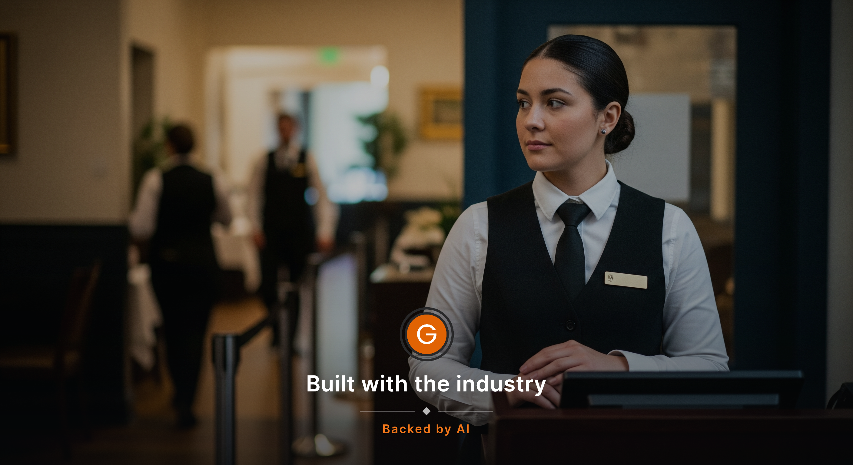 An environmental portrait of a new host standing at the entrance station just before a rush, hands lightly resting on the stand, eyes focused toward the door rather than the camera, with the dining room and queue softly active behind them. Natural light or warm house light, no visible screens, print