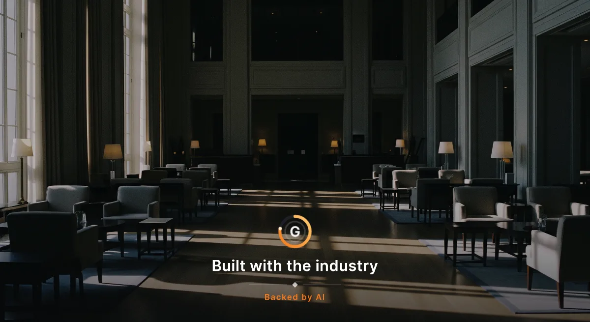 AI-generated image: An empty hotel lobby just before open, chairs perfectly set, low morning light across the floor, the front desk dark except for one task lamp glowing in the back office doorway.