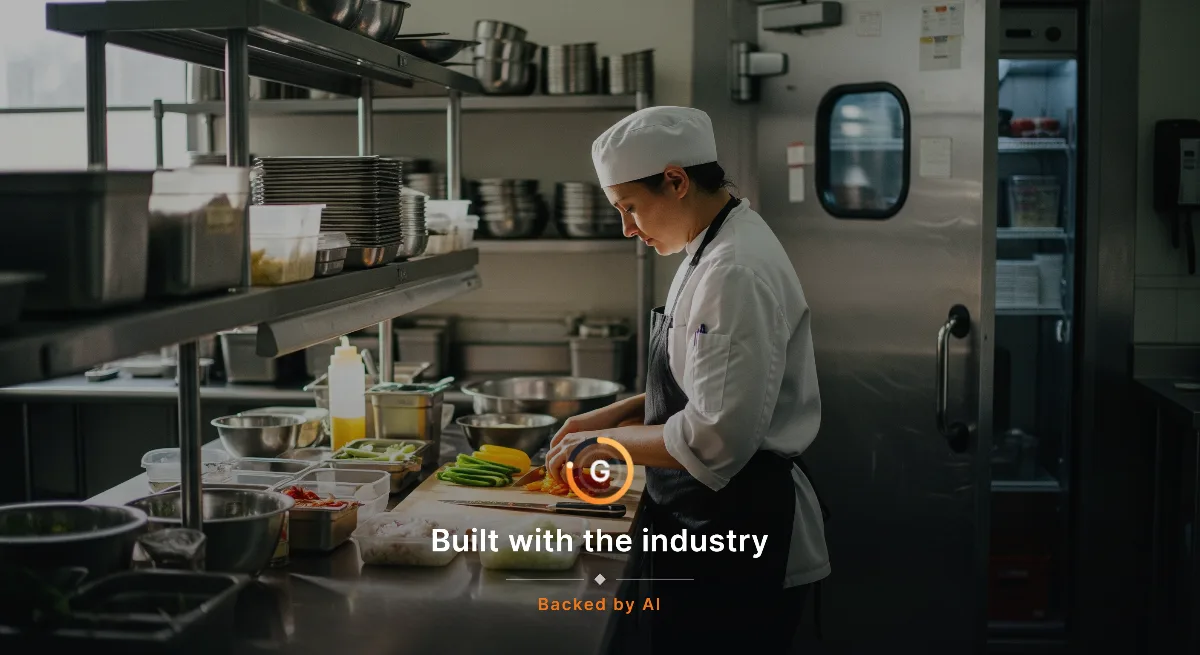 AI-generated image: An environmental portrait of a prep cook alone at a stainless station in the morning, quietly portioning produce into containers with shelves and a walk-in door behind them.
