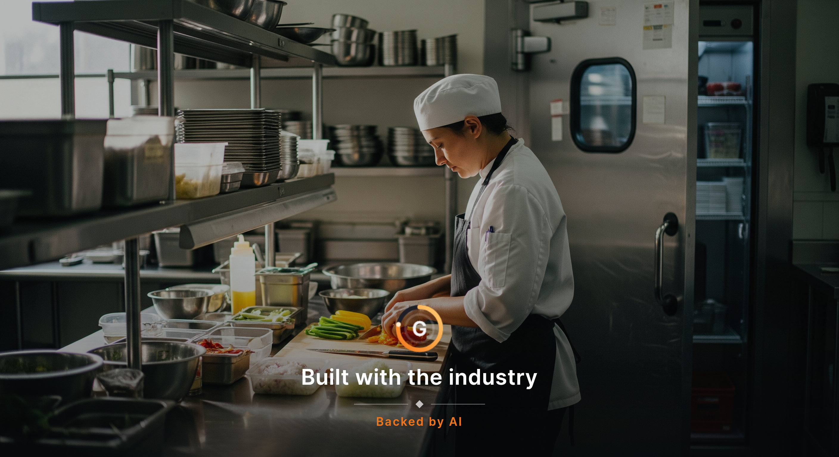An environmental portrait of a prep cook alone at a stainless station in the morning, quietly portioning produce into containers with shelves and a walk-in door behind them, focused on the work and not looking at the camera. Natural kitchen light, clean station, no visible labels, screens, tickets,