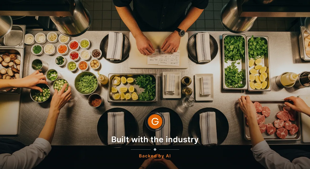AI-generated image: Overhead view of a stainless prep station just before service, with ramekins, garnish trays, folded side towels.