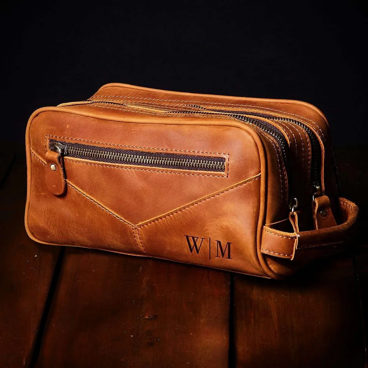 Beckham Monogrammed Saddle Leather Toiletry Bag