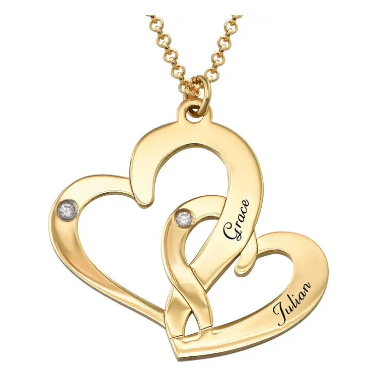 Theo Grace (MYKA) Engraved Two Heart Necklace with Diamonds in Gold Plating