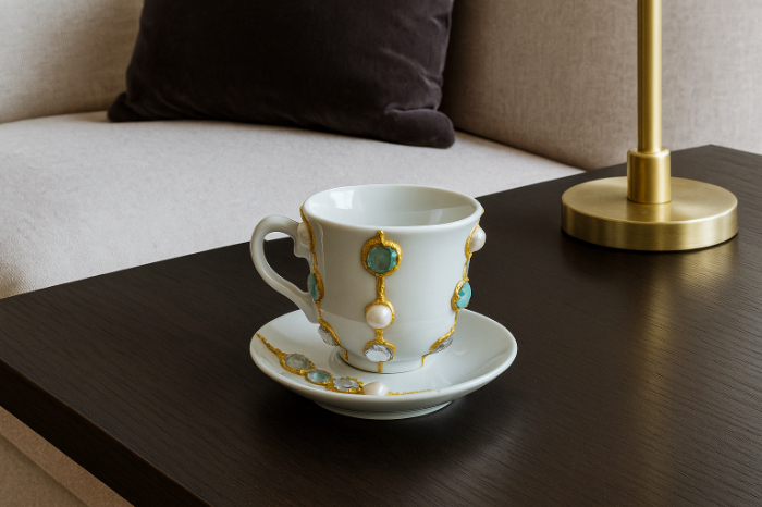 Golden Gems – Hand-Decorated Mug & Saucer