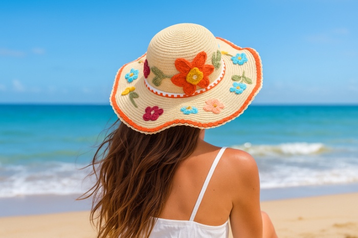 Handmade Crochet Sun Hat with Floral Embroidery