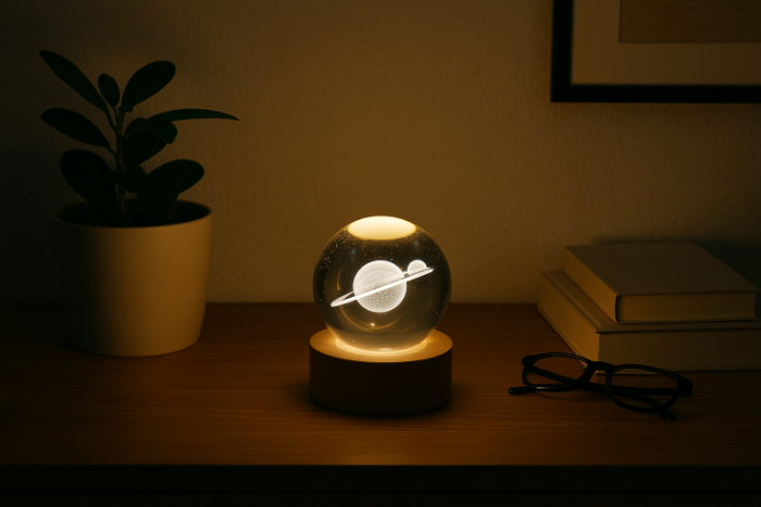 Saturn Crystal Ball LED Lamp with Wooden Base