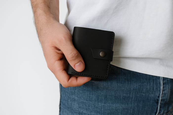 Handmade Natural Leather Black Wallet with Snap Closure – Custom Engraving Available