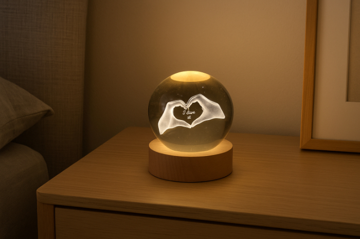 "I Love You" Crystal Ball LED Lamp with Heart Hands Design
