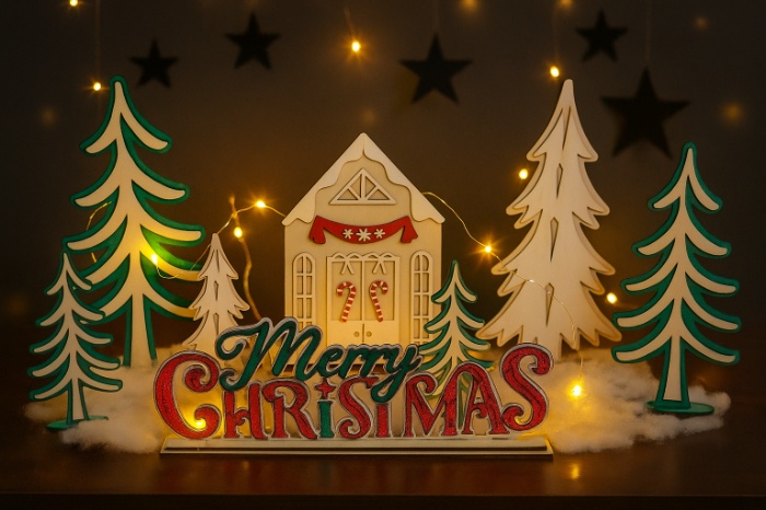 Wooden Christmas Village Set – Trees, House & Merry Christmas Sign