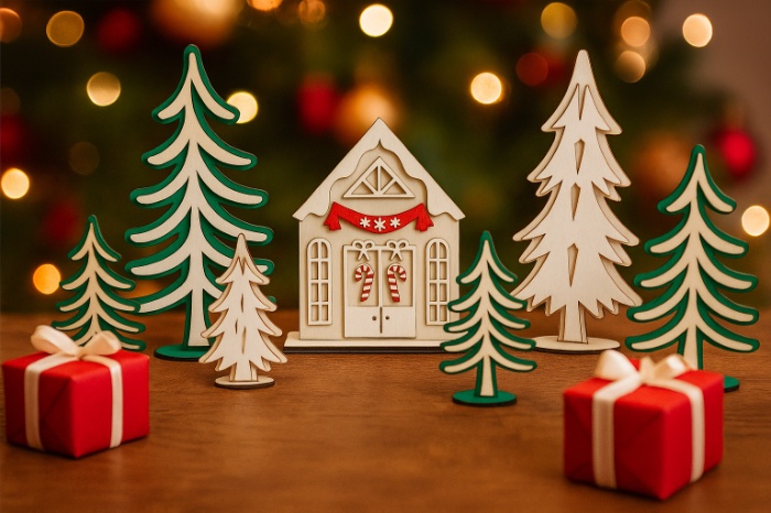 Wooden Christmas House & Trees Set