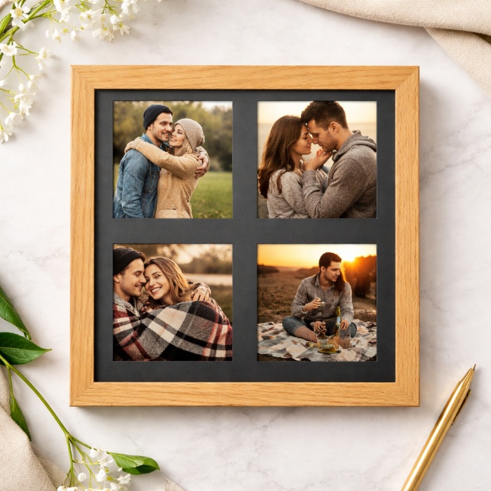 Magnetic Photo Frame – 4 Photo Magnets (16 × 16 cm) | Custom Gift with Premium Wooden Frame