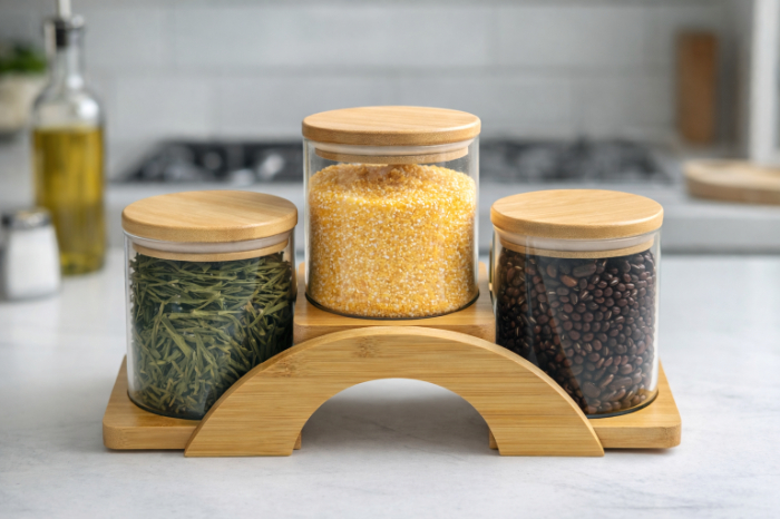 Glass Condiment Jar Set with Bamboo Stand – 3 Pieces