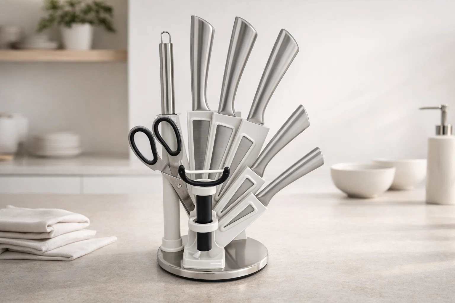 Knife Set 9PCS – Stainless Steel Kitchen Knives with 360° Rotating Stand