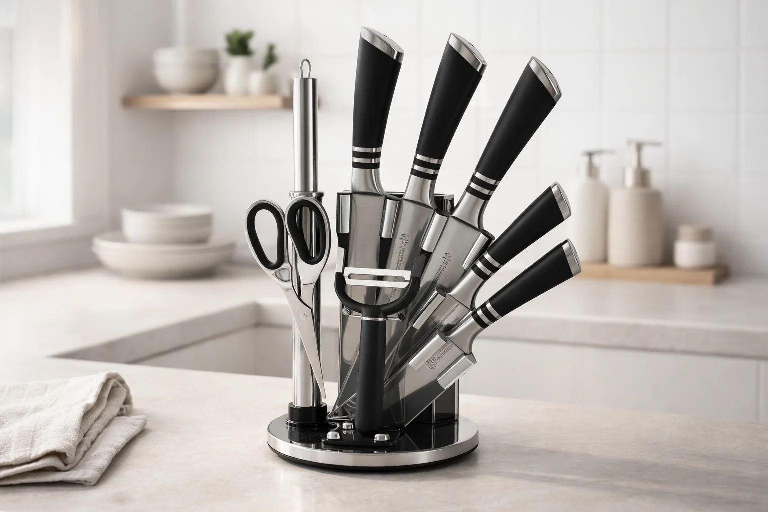 9PCS Stainless Steel Kitchen Knife Set with 360° Rotating Stand – HM9-M1 | Complete Knife Block Set