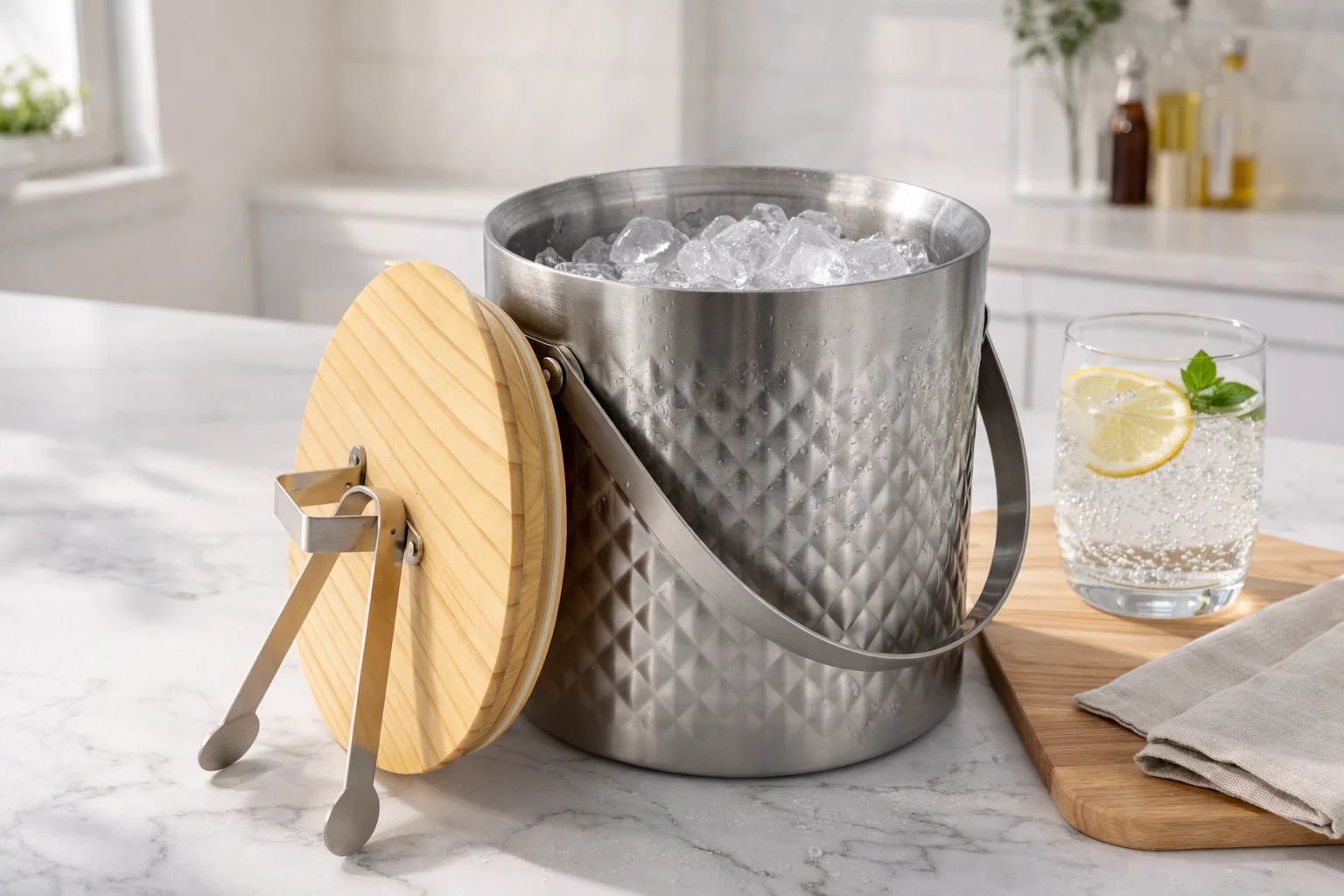 Stainless Steel Ice Bucket with Wooden Lid