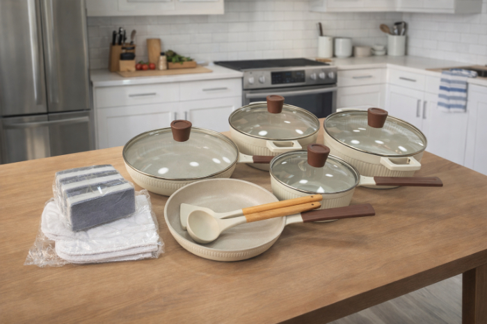 Premium Non-Stick Granite Cookware Set with Glass Lids – Cream Kitchen Pot & Pan Set