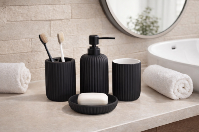 Bathlux Matte Ribbed Ceramic Bathroom Set – 4 Pieces