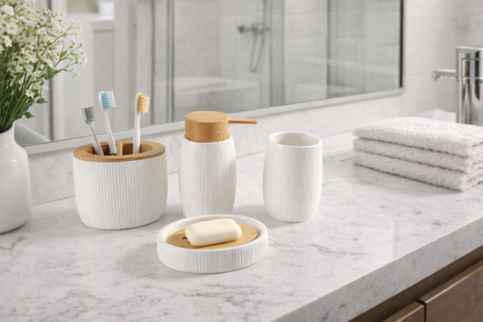 Bathlux White Ribbed Ceramic Bathroom Set with Bamboo Accents – 4 Pieces