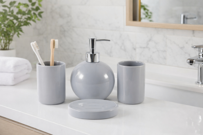 Bathlux Minimal Glossy Grey Bathroom Set – 4 Pieces