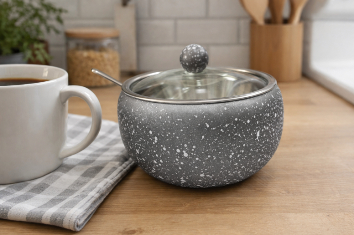 Speckled Sugar Bowl with Glass Lid & Spoon