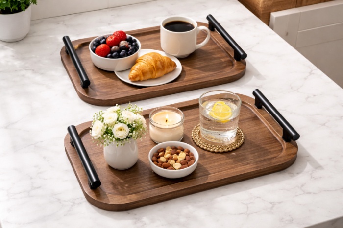 Wooden Serving Tray Set with Metal Handles – Multiple Sizes