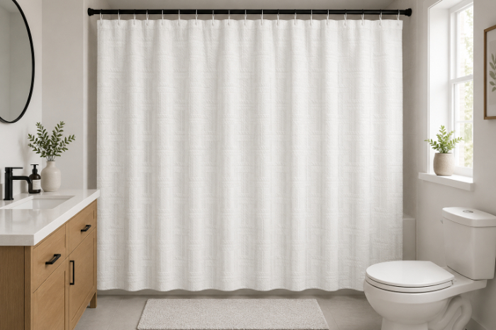BathLux Textured Waterproof Shower Curtain with Rings – 180×195 cm