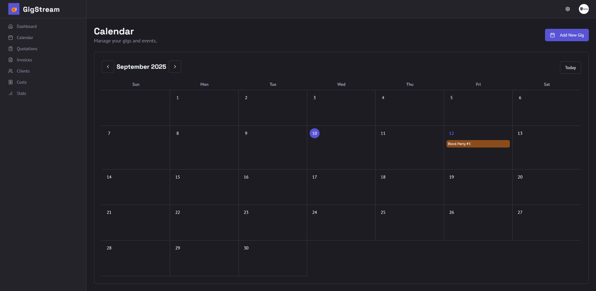 GigStream Calendar Screenshot