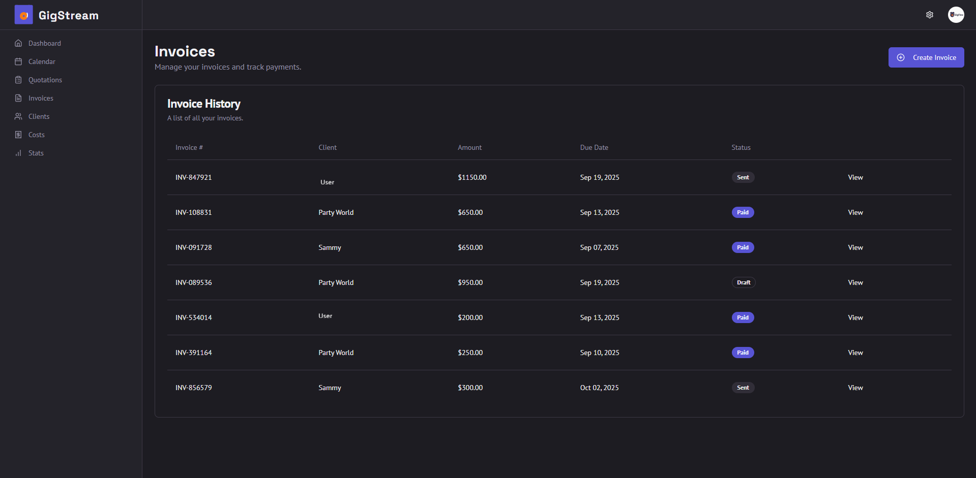 GigStream Invoices Screenshot
