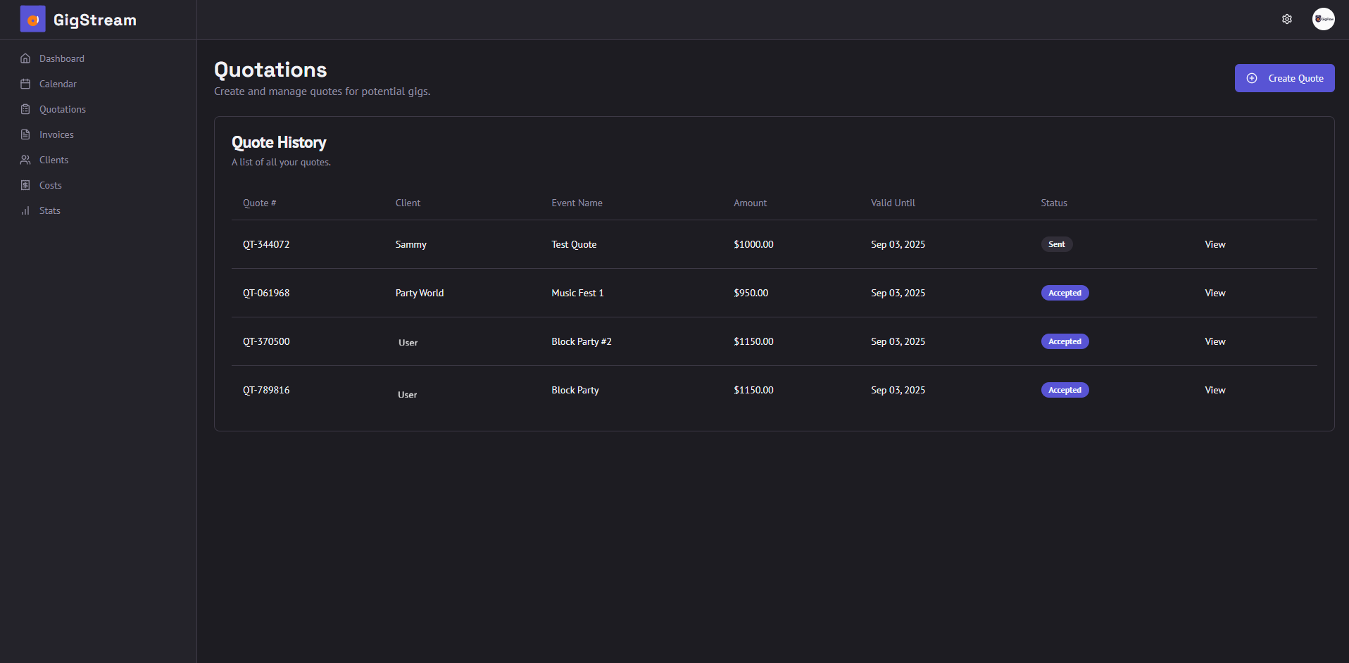 GigStream Quotations Screenshot