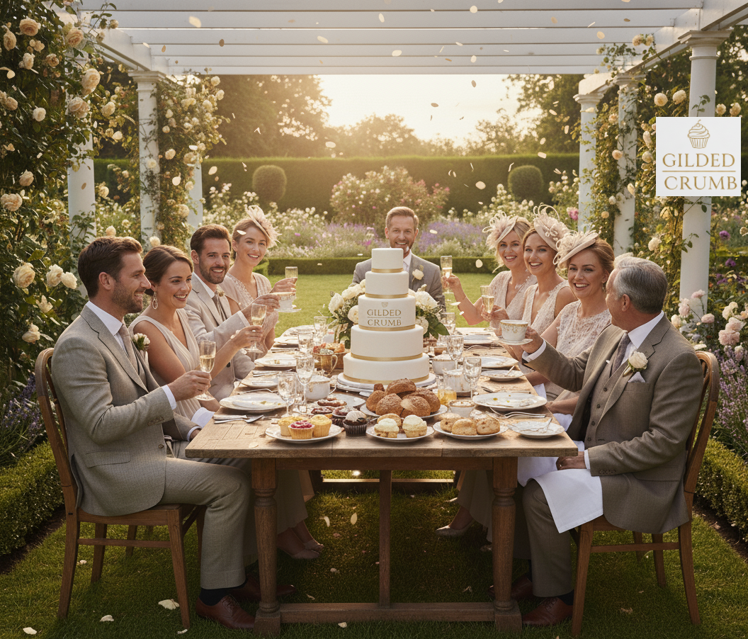 A magnificent tiered cake from the Gilded Crumb Emporium