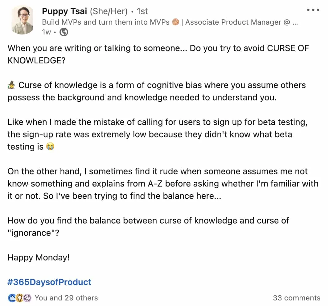 Puppy's LinkedIn post