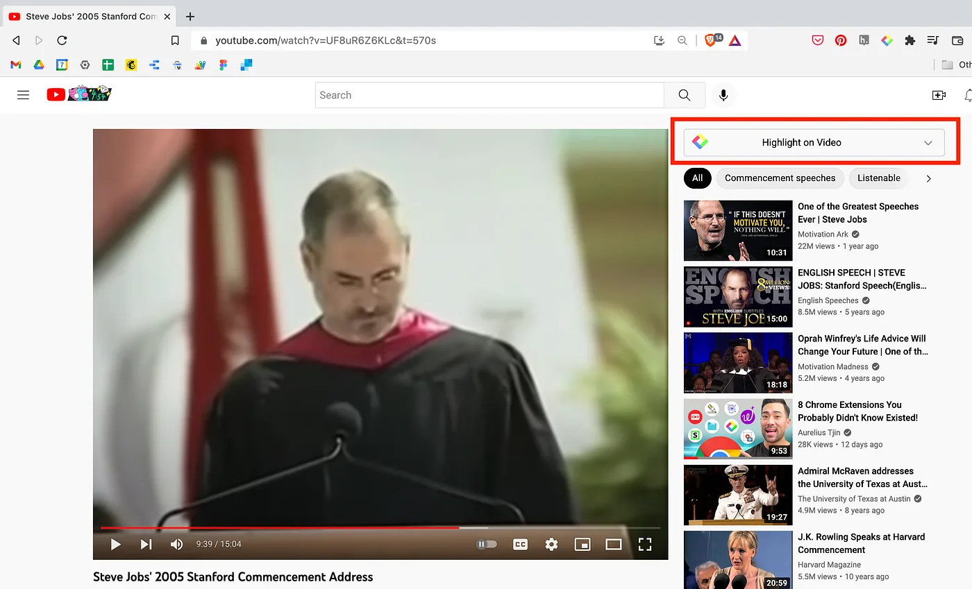 O painel do Glasp no canto superior direito de um vídeo do YouTube