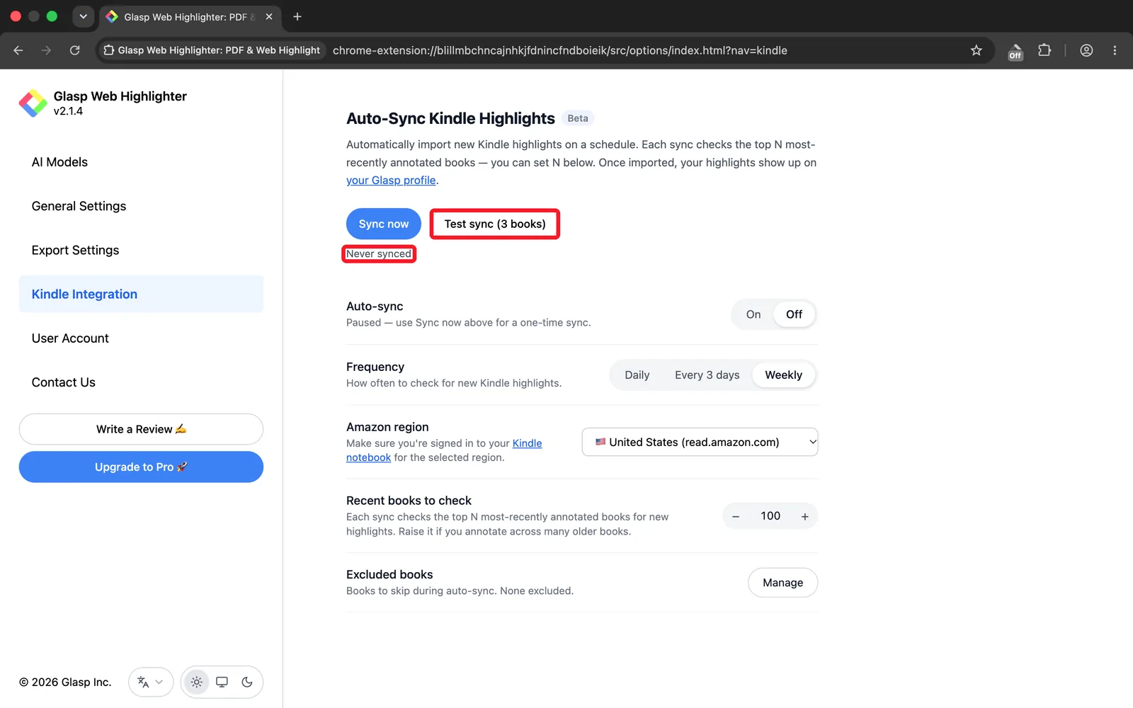 The Test sync button and the sync status line