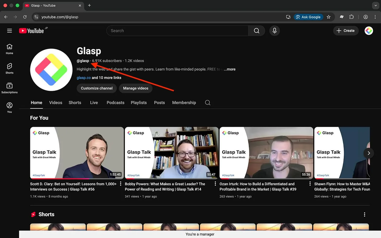 Finding the channel handle below a YouTube channel name