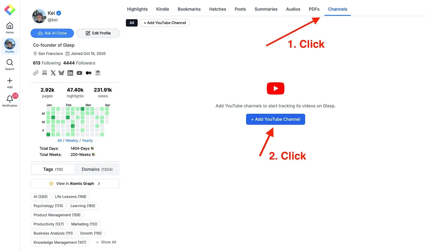 Opening the Channels tab on a Glasp profile