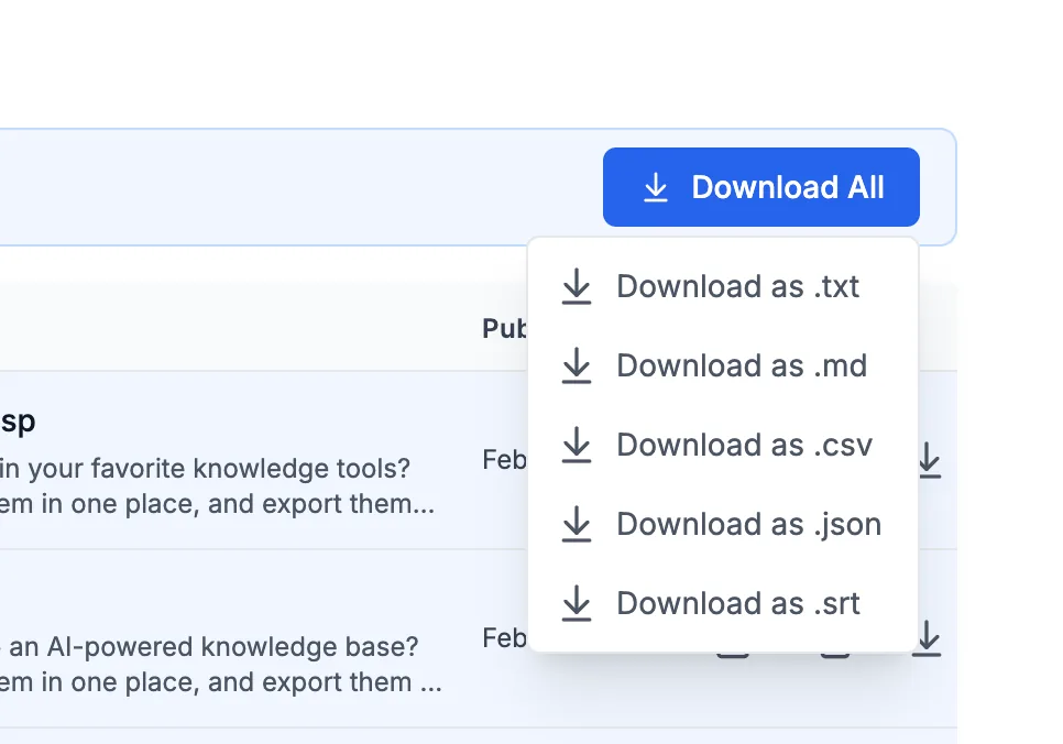 Choosing a transcript download format in Glasp