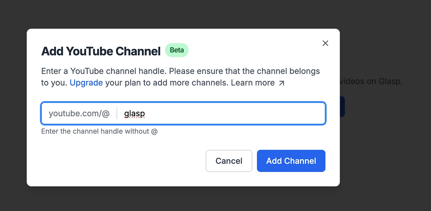 Entering a YouTube handle and adding the channel to Glasp
