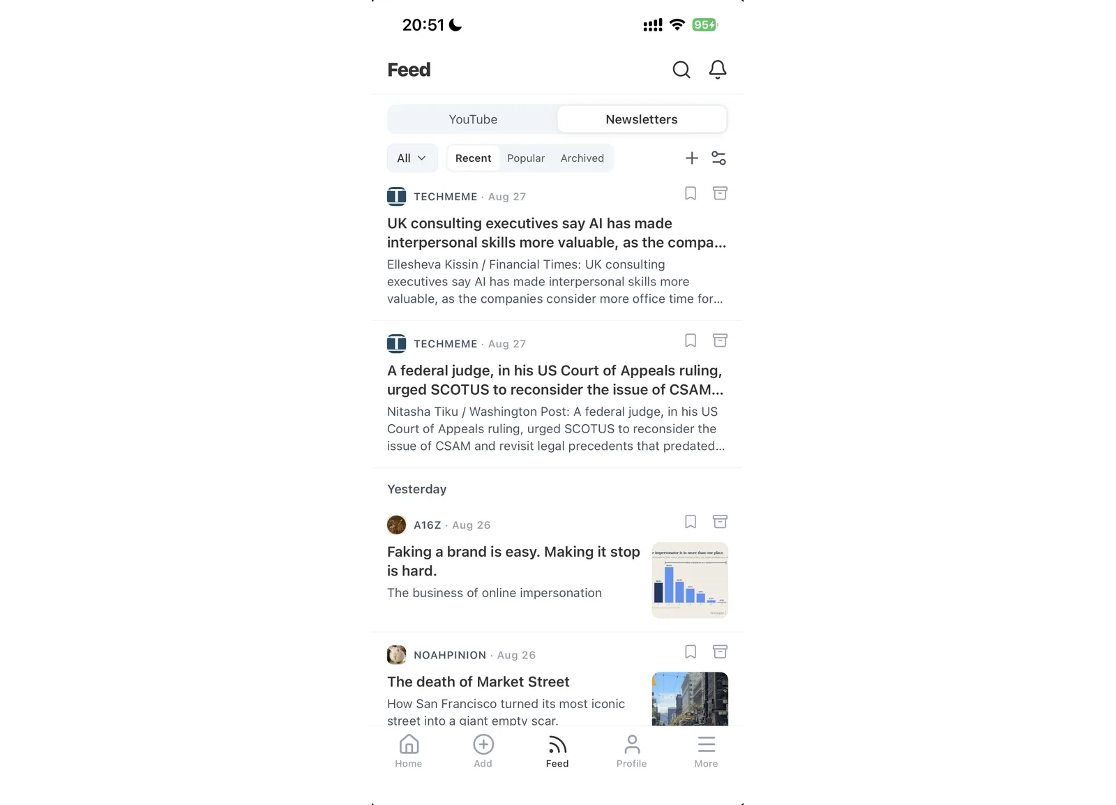A seção Newsletters, com posts recentes das fontes seguidas