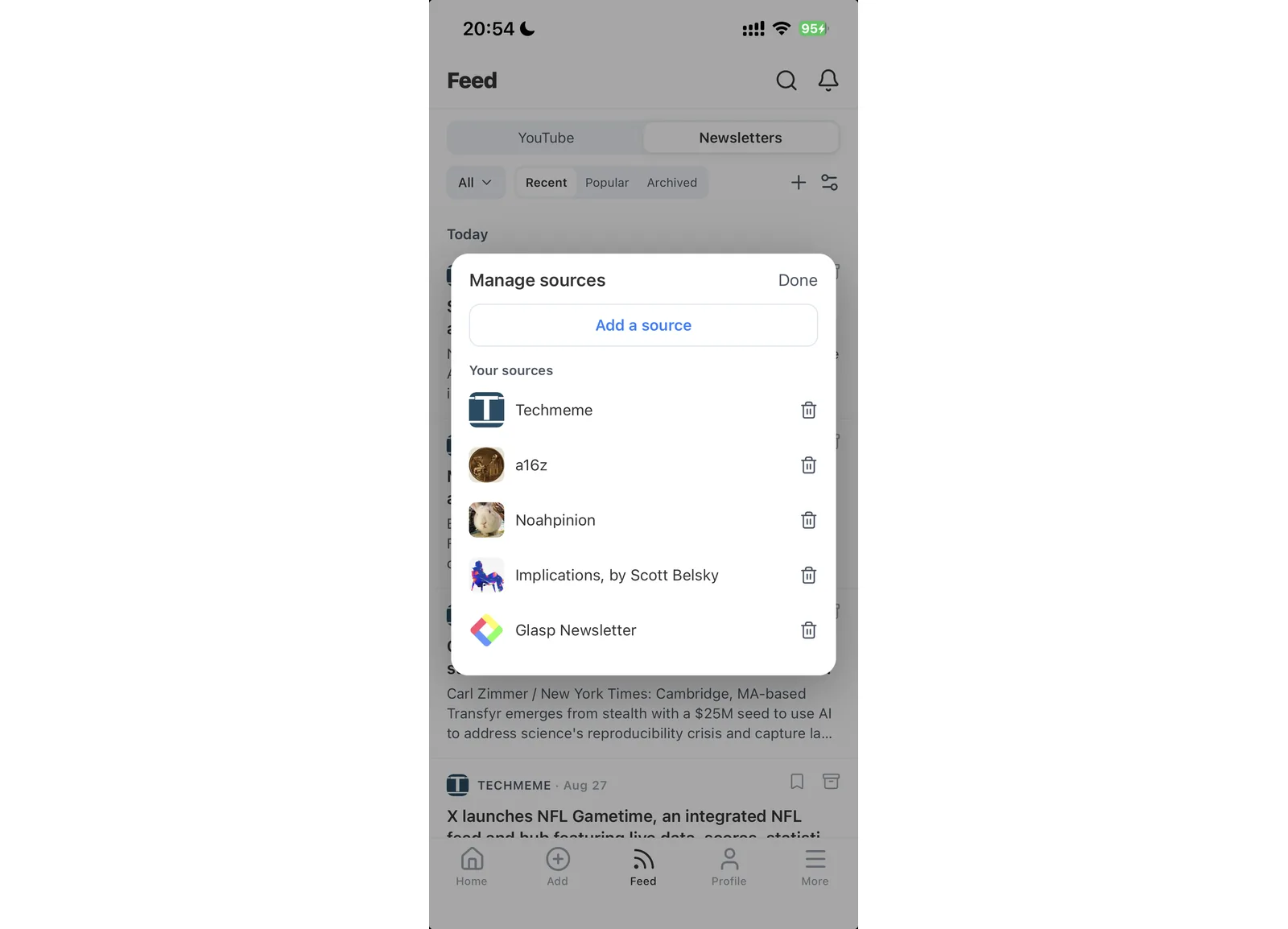 A tela Manage sources, com a lista de fontes seguidas